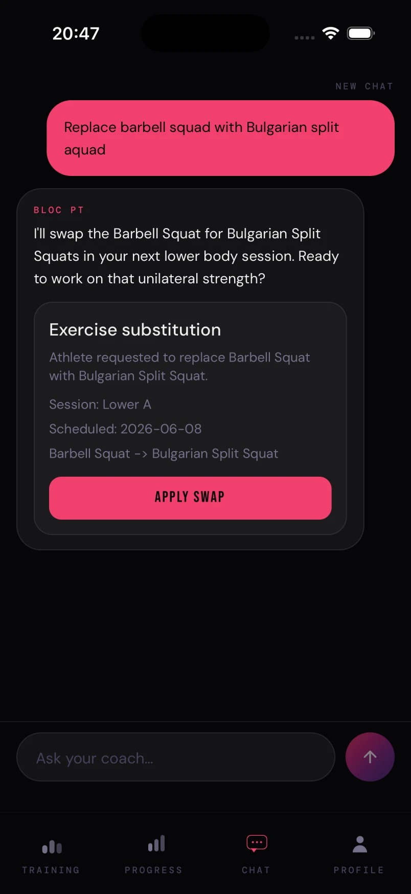 Bloc AI coach preparing an exercise substitution