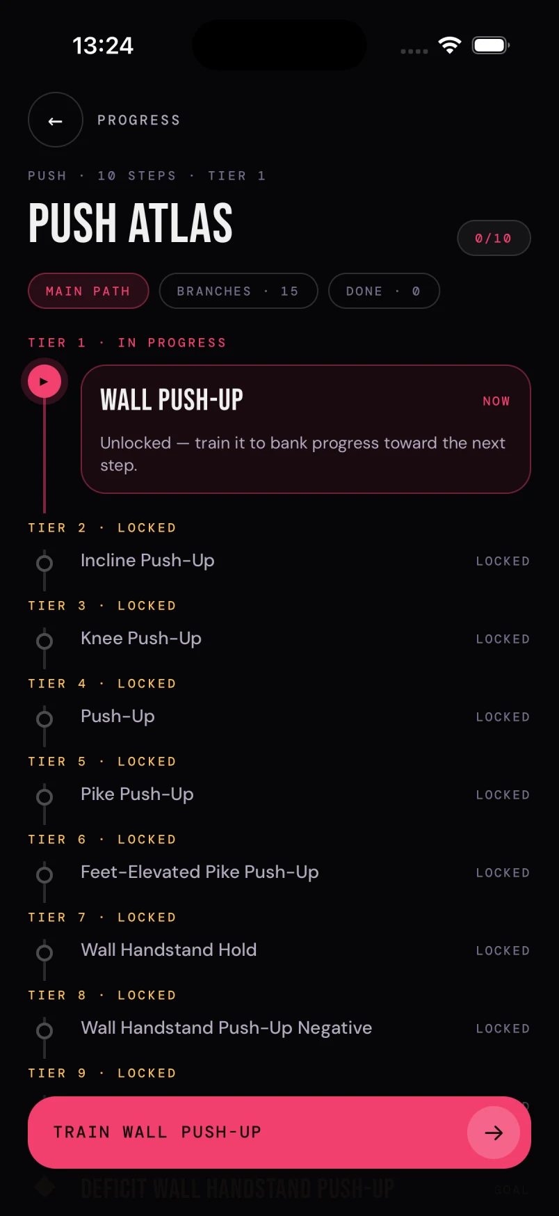 Bloc Push Skill Atlas showing movement tiers and unlocks
