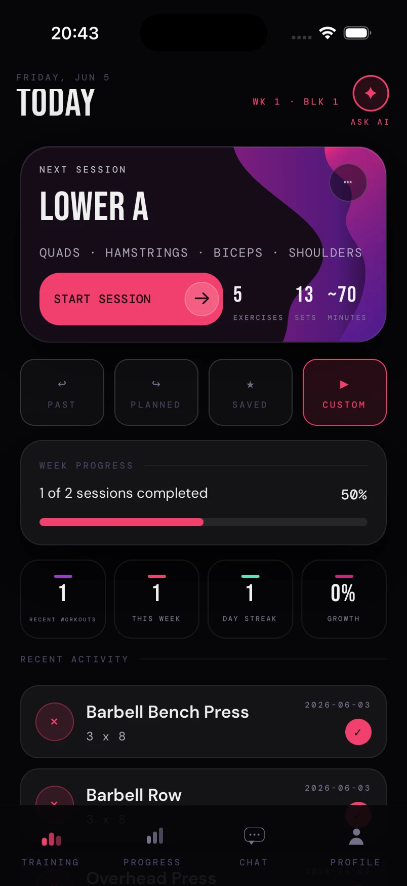 Bloc Training screen with today's workout and recent progress